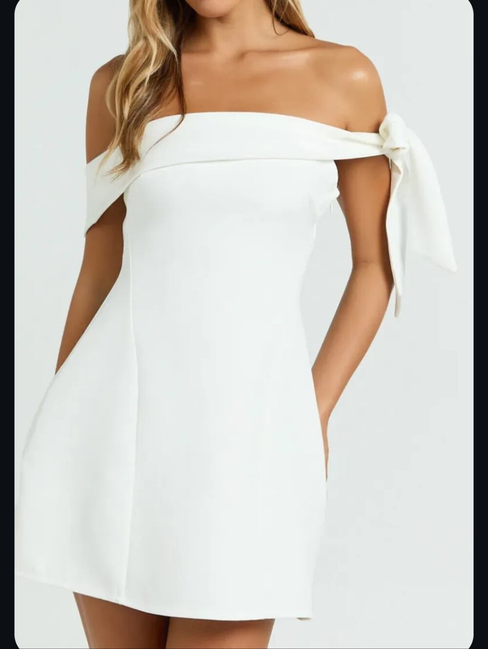 Showpo Saints & Secrets One-Shoulder Bow Detail Mini Dress - Cream US 8